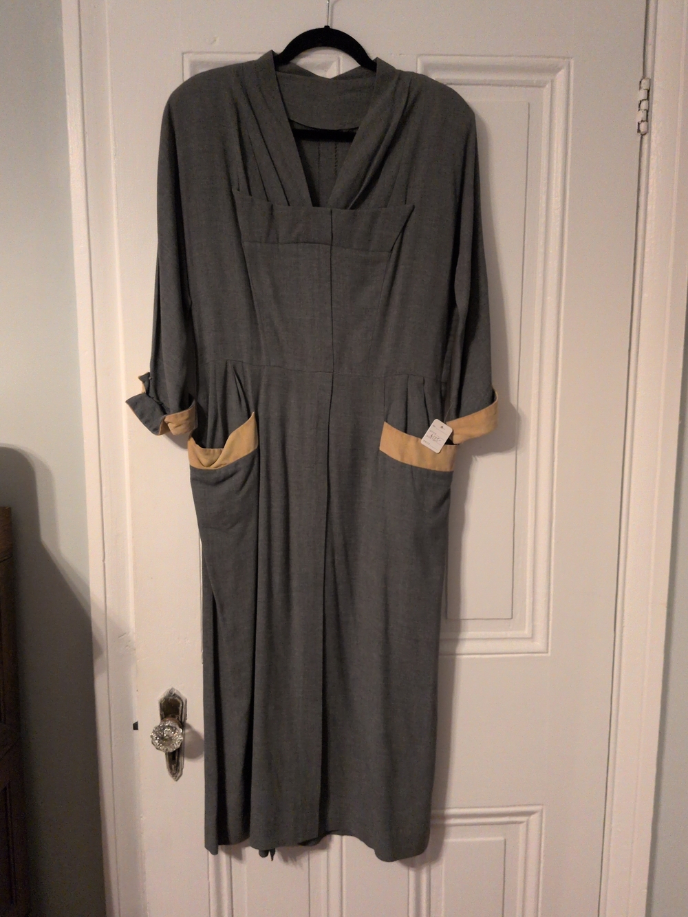 Antique 1940s Gray Maxi Dress with Tan Velvet Trim and Pocket Detail